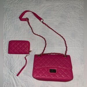Hot Pink Chain Quilted Handbag with Matching Wallet